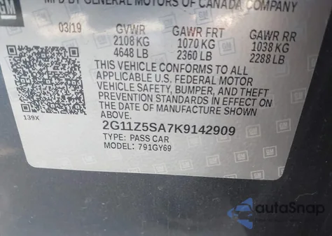 2019 Chevrolet Impala Lt из США, поврежденный, VIN 2G11Z5SA7K9142909